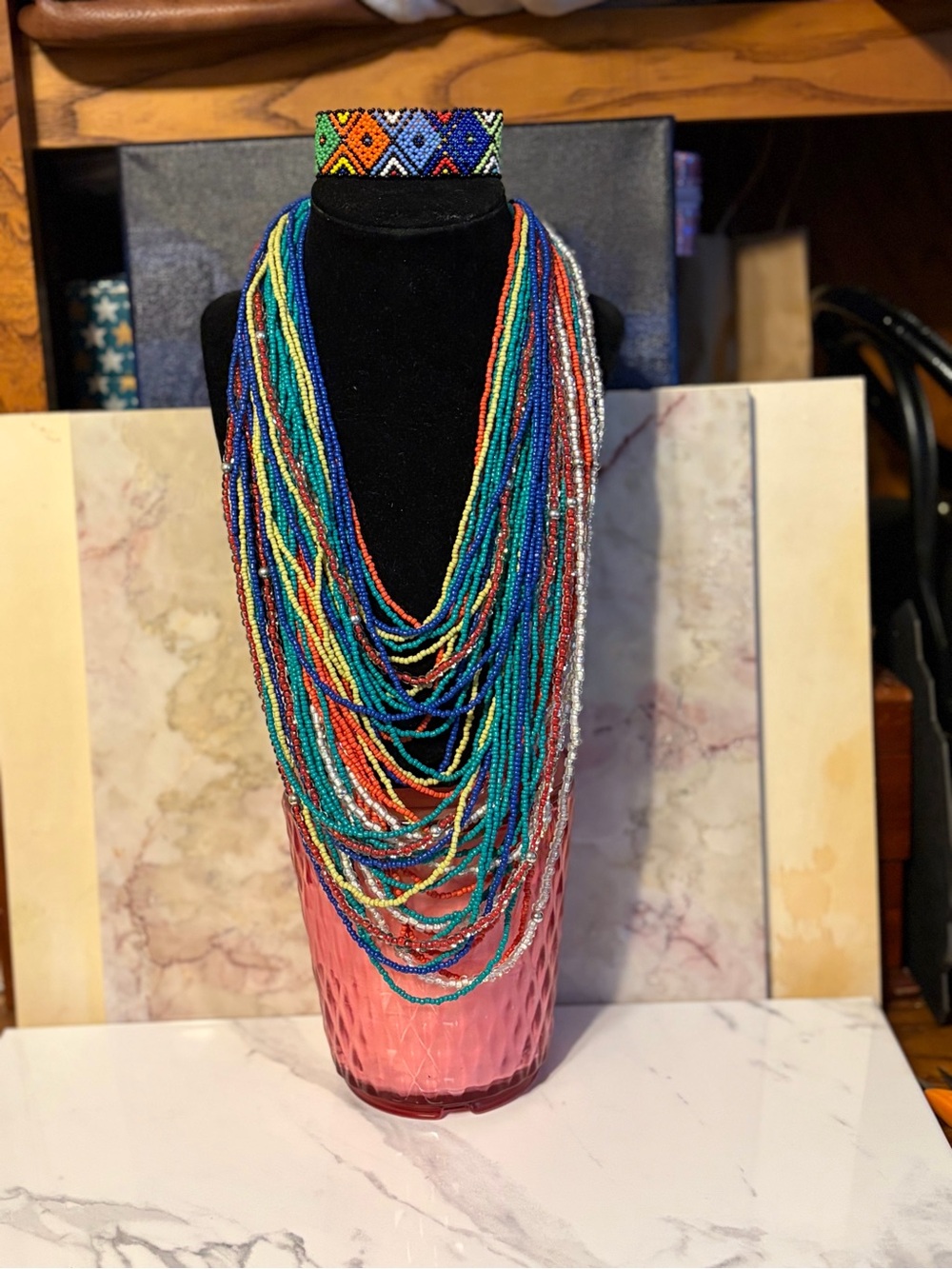 Multicolor Seed Bead Layered Statement Necklace and Bracelet